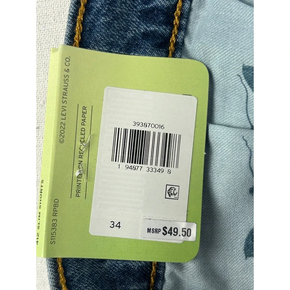 Levis 412 Slim Shorts Mens 34 Blue Denim Cut Off Raw Hem Performance Stretch NEW